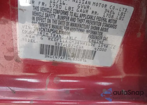 2017 Nissan Versa 1.6 Sv z USA, uszkodzony, nr VIN 3N1CN7AP5HL830896